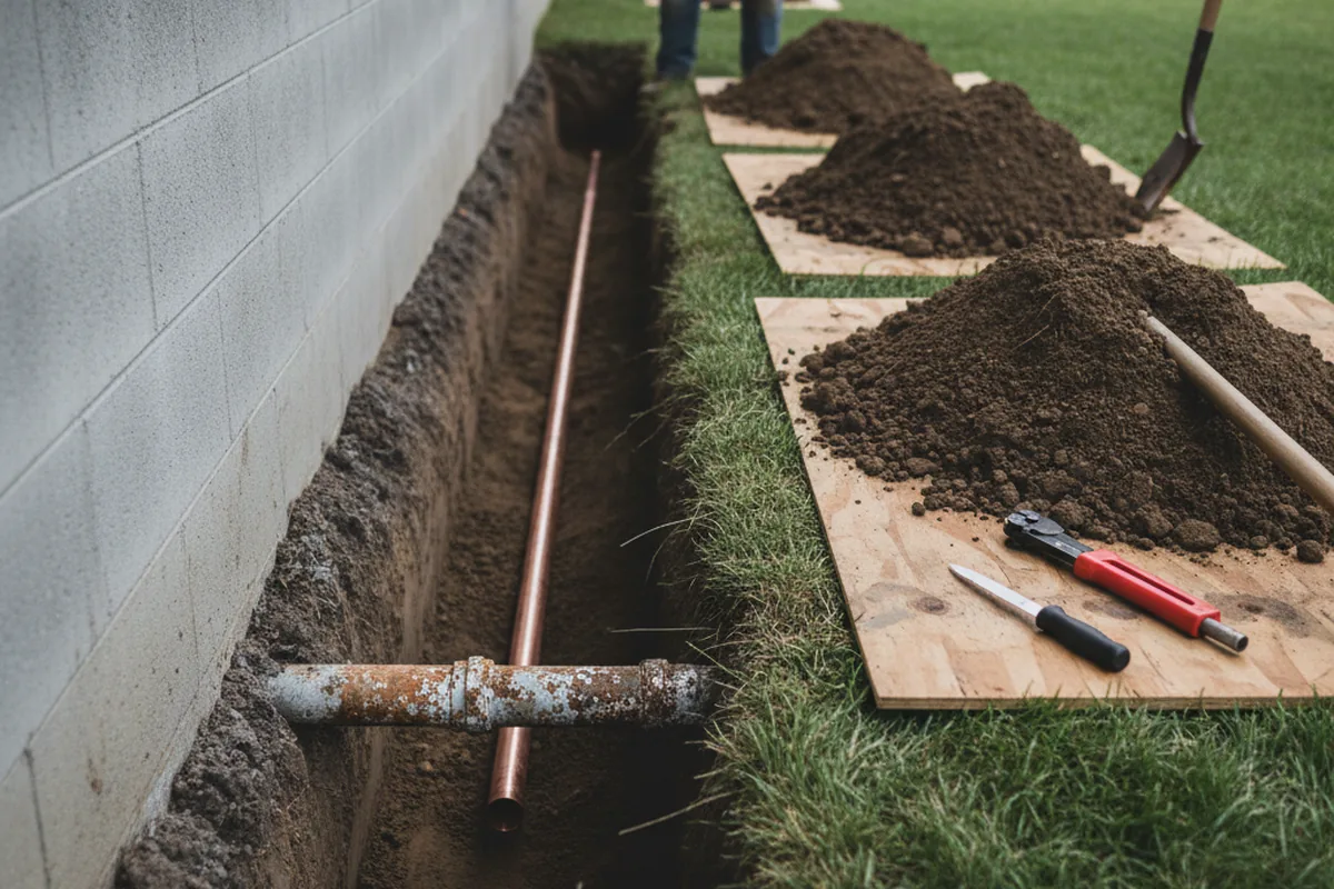 Excavated water line trench during Water Softener Installation in Lytle Creek